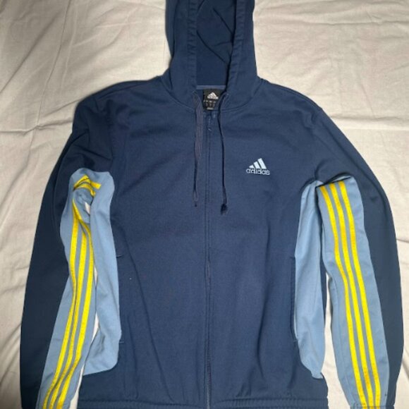 ADIDAS Mens Active 360 Hoodie Fleece Jacket Medium Blues & Yellow 3 stripes - Picture 2 of 7